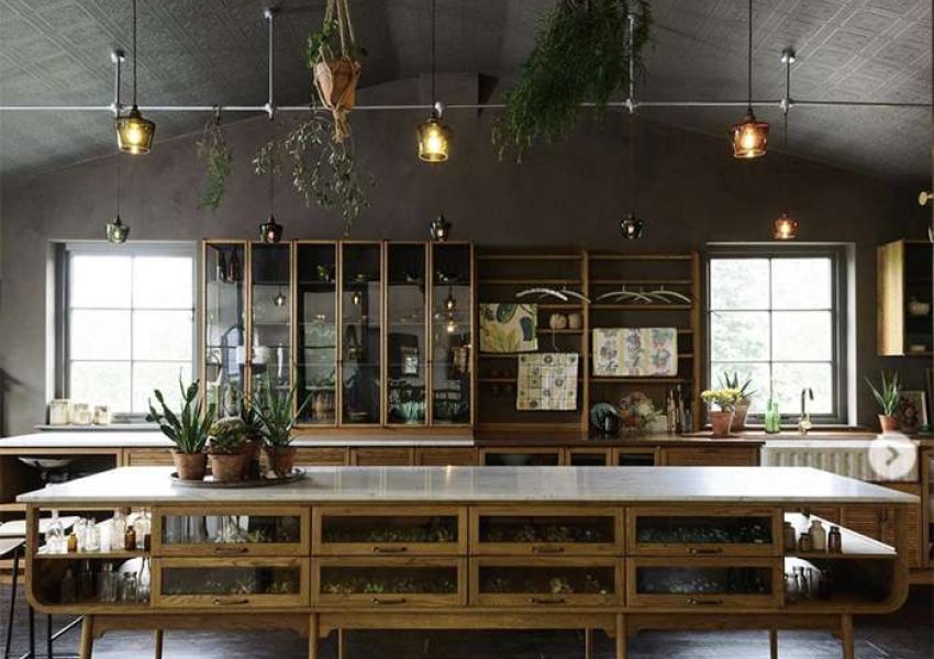 kitchen with black faux tin ceiling