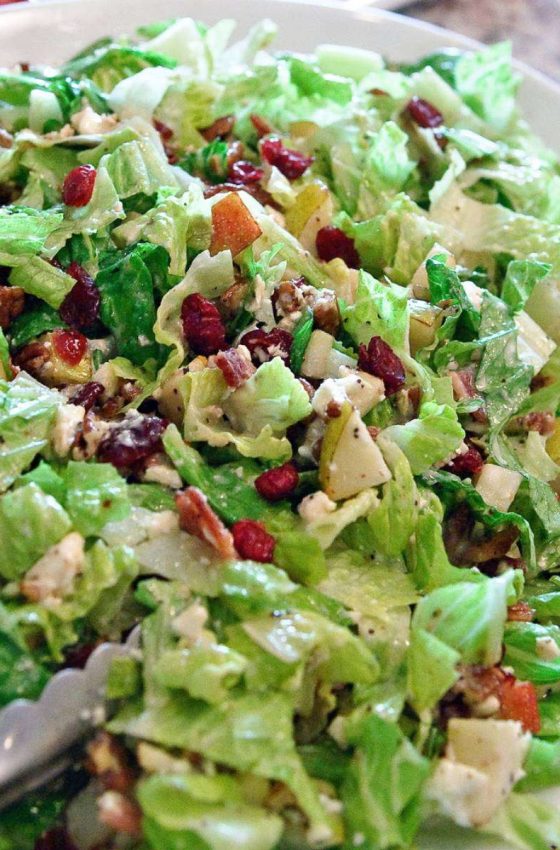 a large bowl of salad showing lettuce, craisins, pears, and cheese wet with dressing