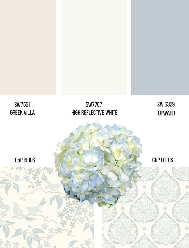 2 wallpaper swatches, 3 paint swatches, and 1 inspiration photo of a large cream and blue hydrangea
