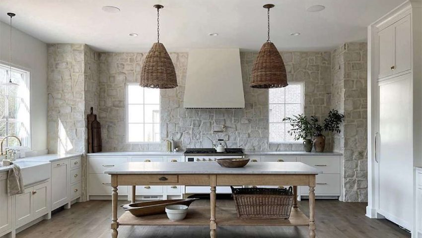 Furniture grade kitchen island with stone backsplash