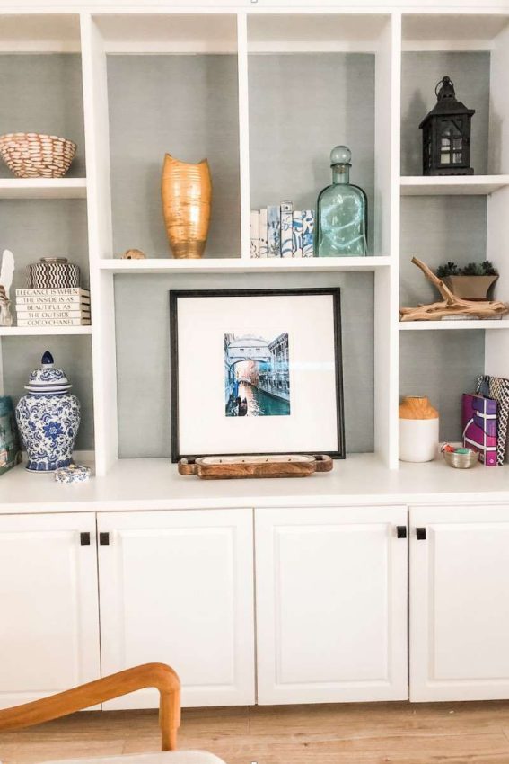 a styled built-in in a living room