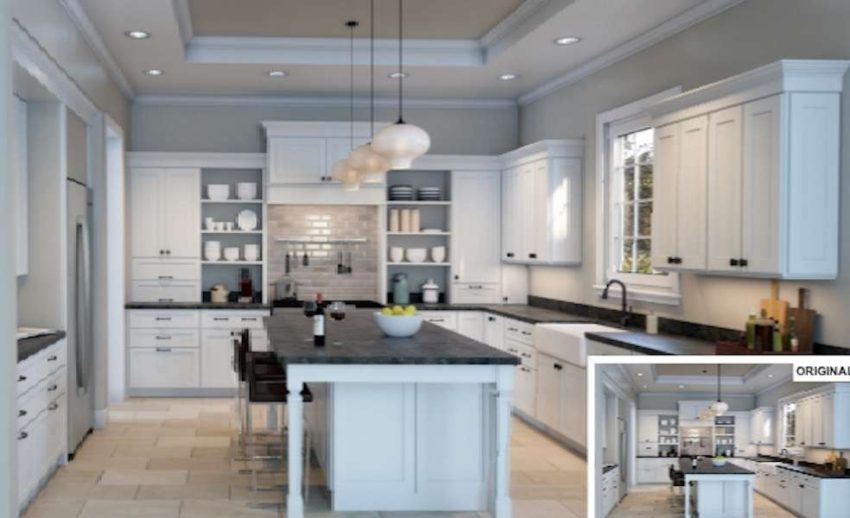 kitchen with pink beige floors, stark white cabinetry, black granite countertops, and gray walls