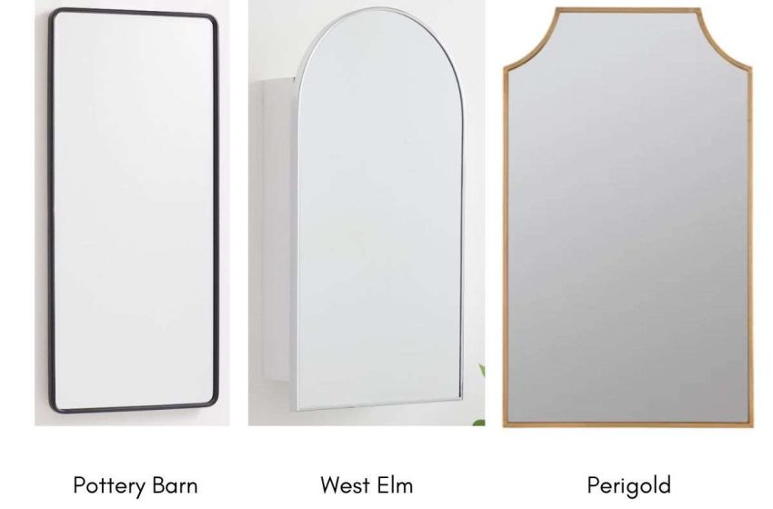 3 diferent mirrored medicine cabinets - 1 rectangle in old brass, 1 arched in silver, 1 with ogee cutouts at top in brass