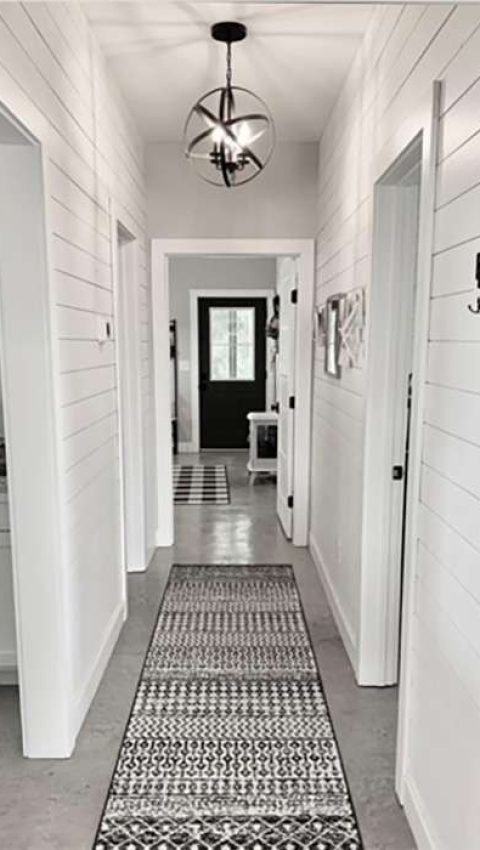 Shiplapped entrance hallway farmhouse style black and white