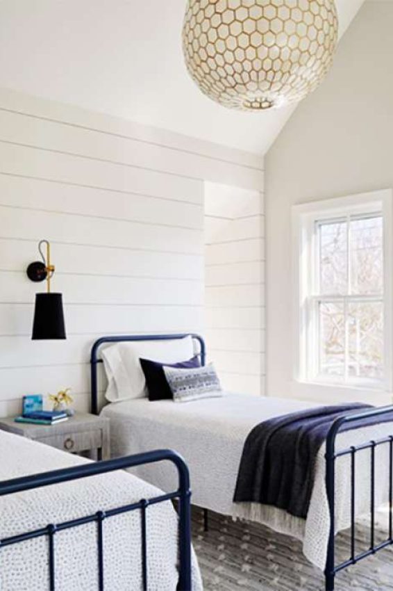 Twin iron beds horizontal planks