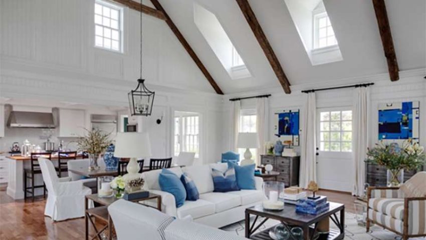 2-story living room with white beadboard