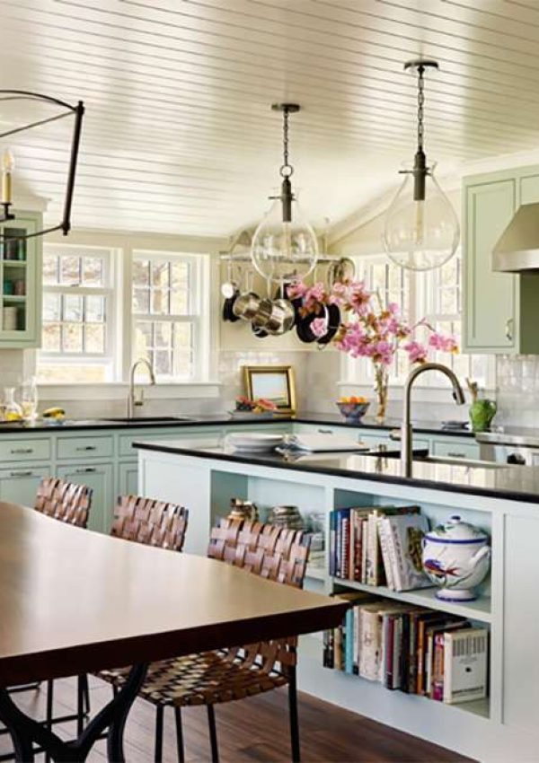 Pale green kitchen paneled ceiling