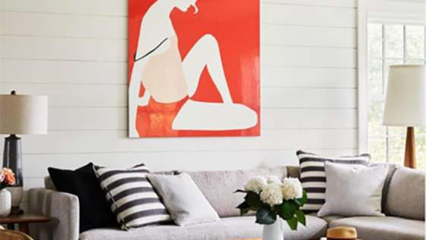 Living room horizontal planks orange art