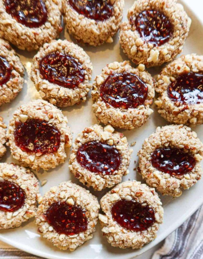 a platter of almond flour thumbprint cookies