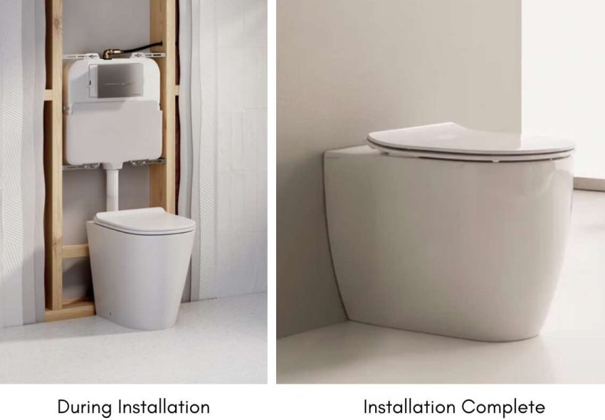 a photo of an open wall showing built-in cistern and a photo of a finished wall showing toilet without a cistern because it's in the wall