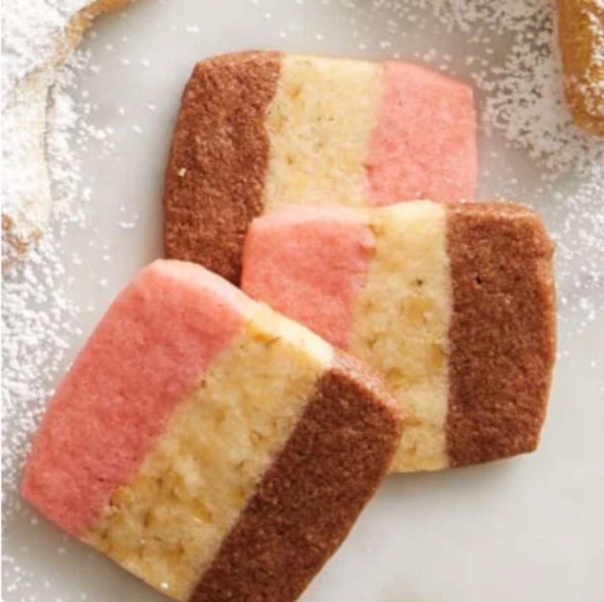 3 cookies that look like neapolitan ice cream