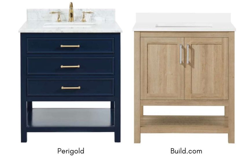navy vanity with drawers and white vanity with doors