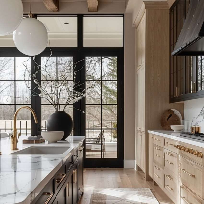 a white oak and black kitchen with black island with sink