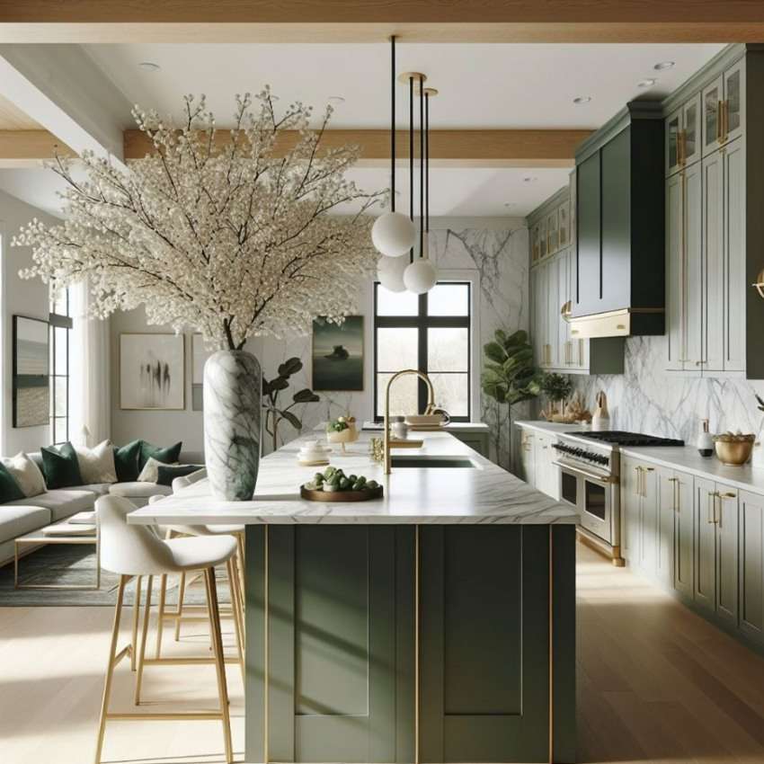 green and marble kitchen with a long island with sink