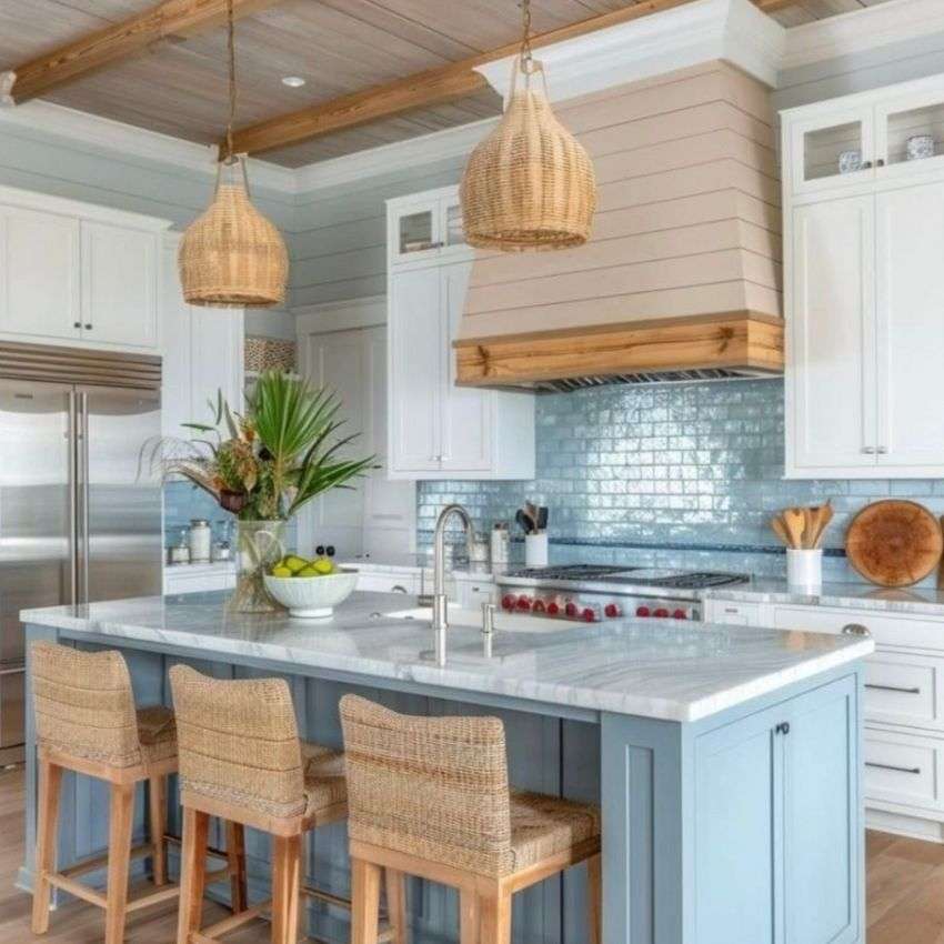 blue backsplash and island with sink in a beachhouse