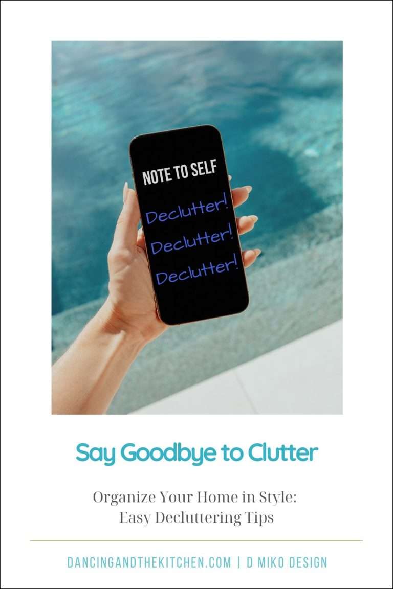 Pinterest Pin showing a pool and a hand holding an iPhone with a note that says Declutter