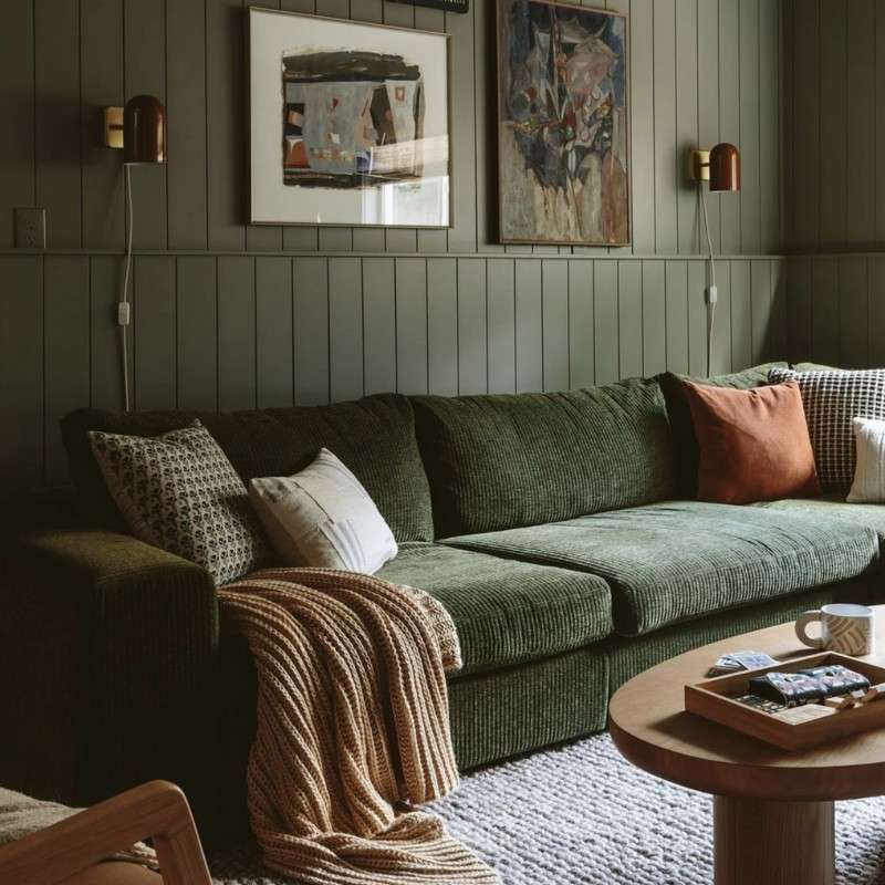 rustic style green room with green velvet sofa and brown accessories - reminiscent of a refined lake house