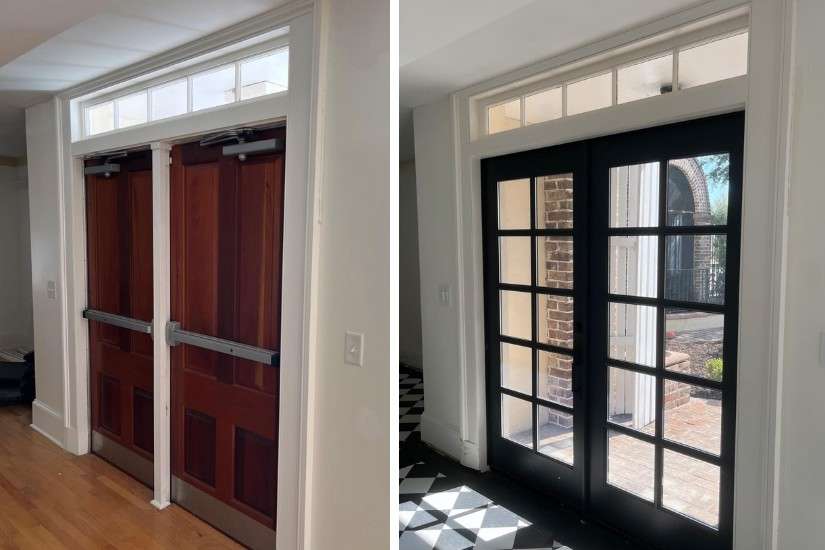 Before and After of a commercial hallway leading to a couryard - renovated from wood floor and wood doors to black and white tiled floor and black French doors
