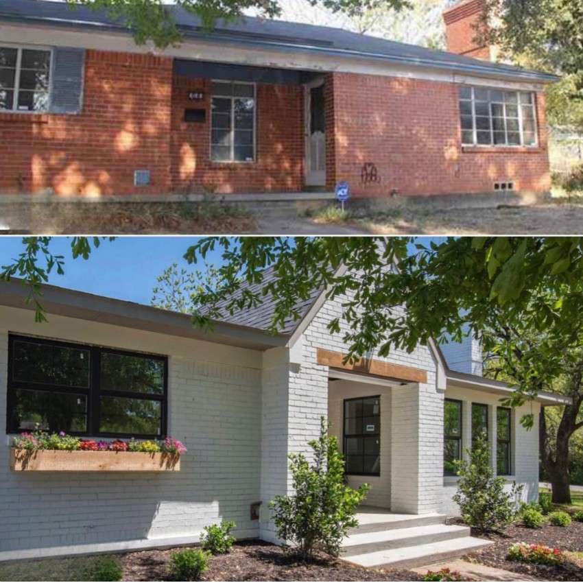 Exterior of a home's before and after remodel - it went from red brick rancher to white brick rancher with a peak at entrance.