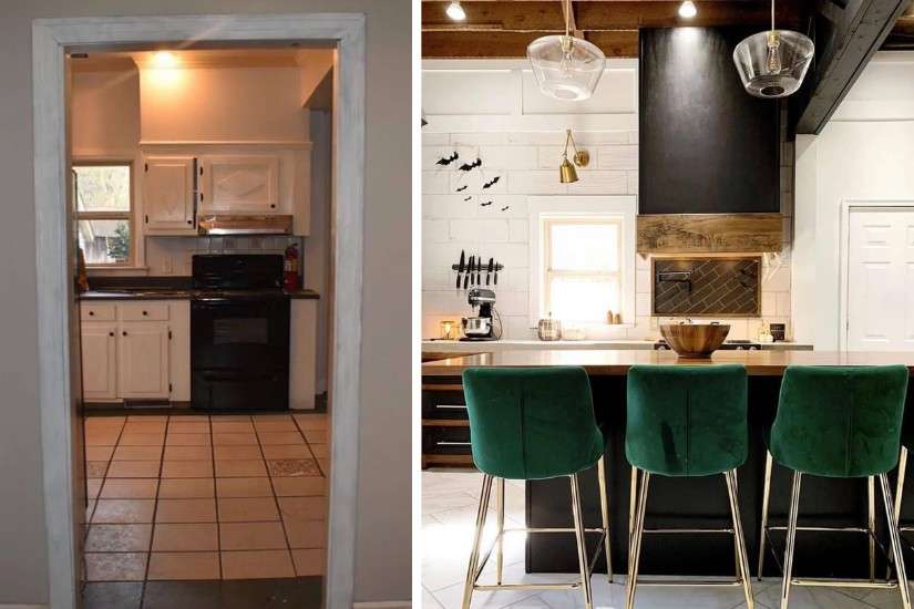 A before and after of a kitchen that was remodeled from most likely the 80s to today.