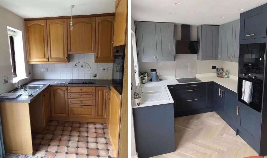 A kitchen reno with update flooring and cabinetry.