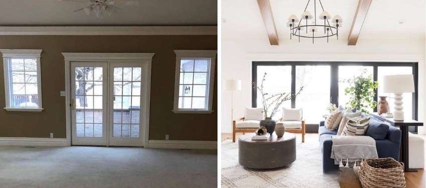 Before and After of a remodeled living room where french doors and windows were replaced with a large 4-panel sliding glass door.