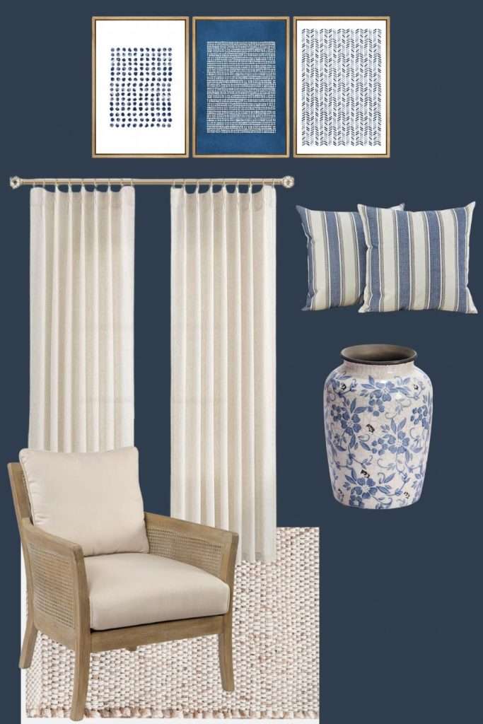 Coastal chic living room with dark walls, natural textures, and patterned accents