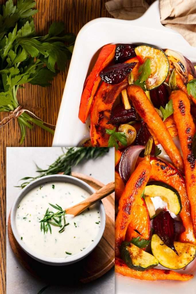 Tarragon Cream Dip with a platter of roasted veggies for Galantine's Day Happy Hour
