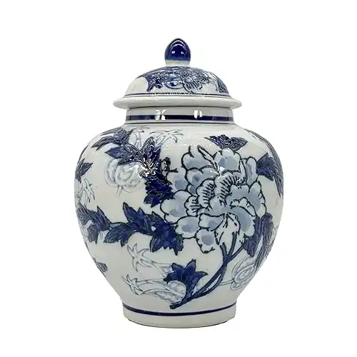 Galt International White and Blue Floral Chinoiserie Jar 10" w/Lid - Ginger Jar, Tea Storage, Decorative, Home Decor Jar