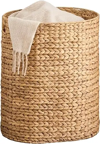 Woven Laundry Basket - Large Wicker Hamper for Clothes Storage - Round Rattan Laundry Hamper - Water Hyacinth Storage Basket (Natural Brown, 17.7 x 15 x 21.7 in)