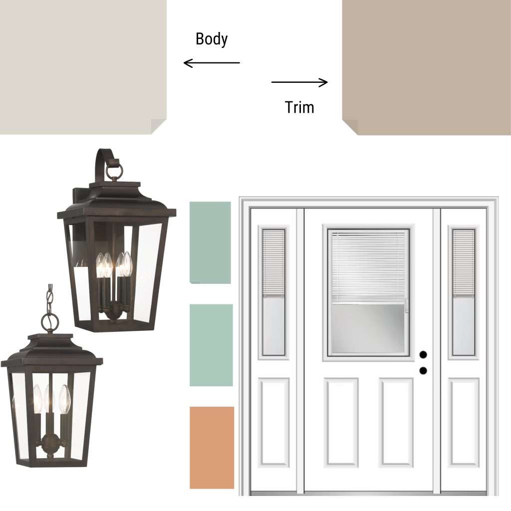 Mood board showing paint swatches and lighting