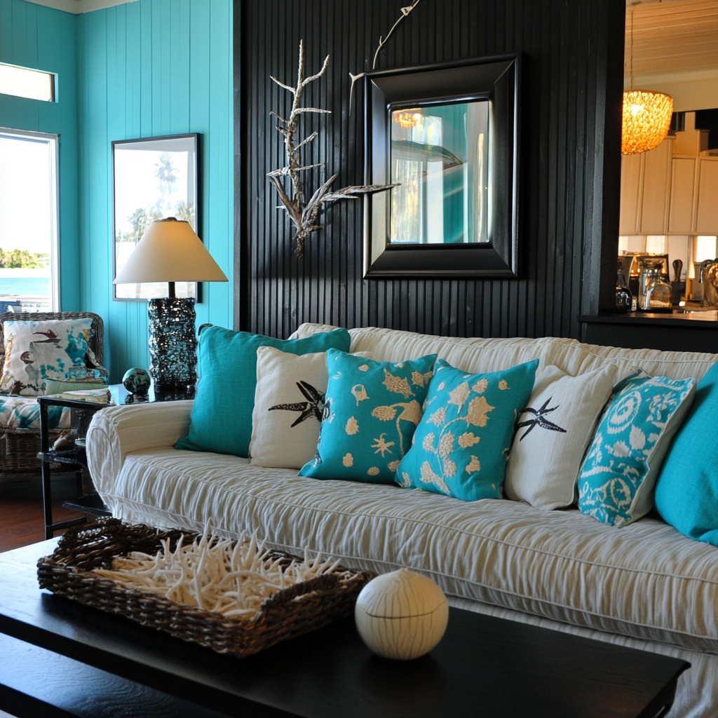 Black and Turquoise or Teal beach house interior