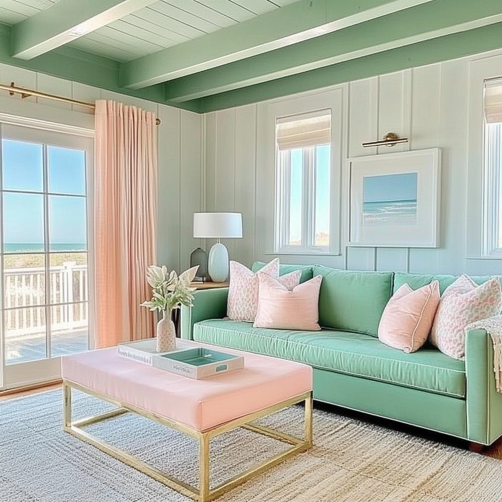 Deep Green and Pastel Coral or Blush beach house