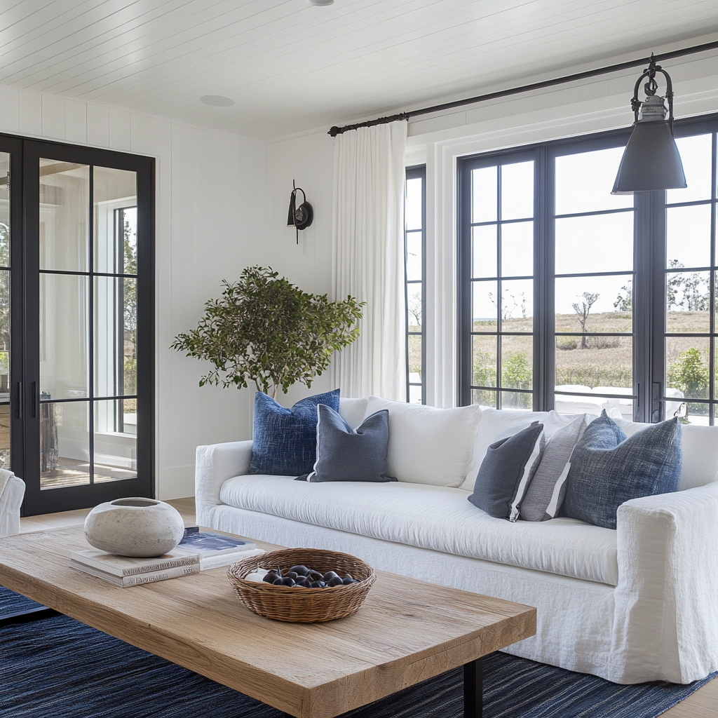 dark and airy beach house with navy color contrast