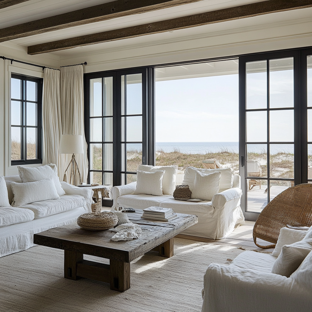 light and airy beach house with dark accessories