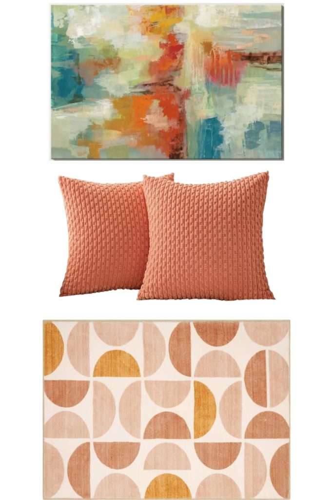 mood board featuring wall art, pillows & a rug with coral color