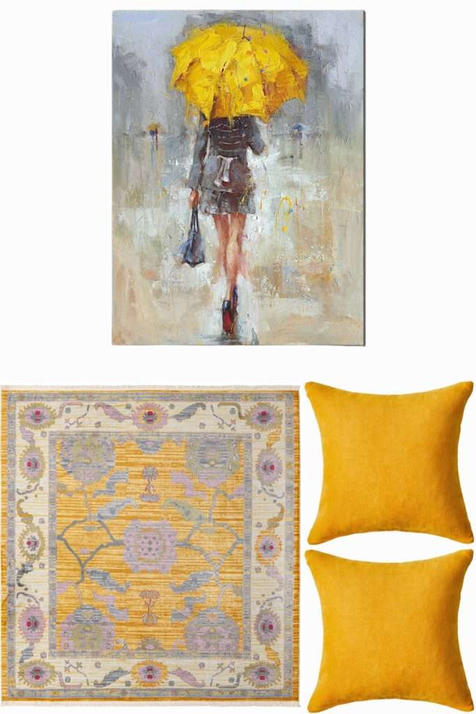 mood board featuring wall art, pillows & a rug with sunny yellow color