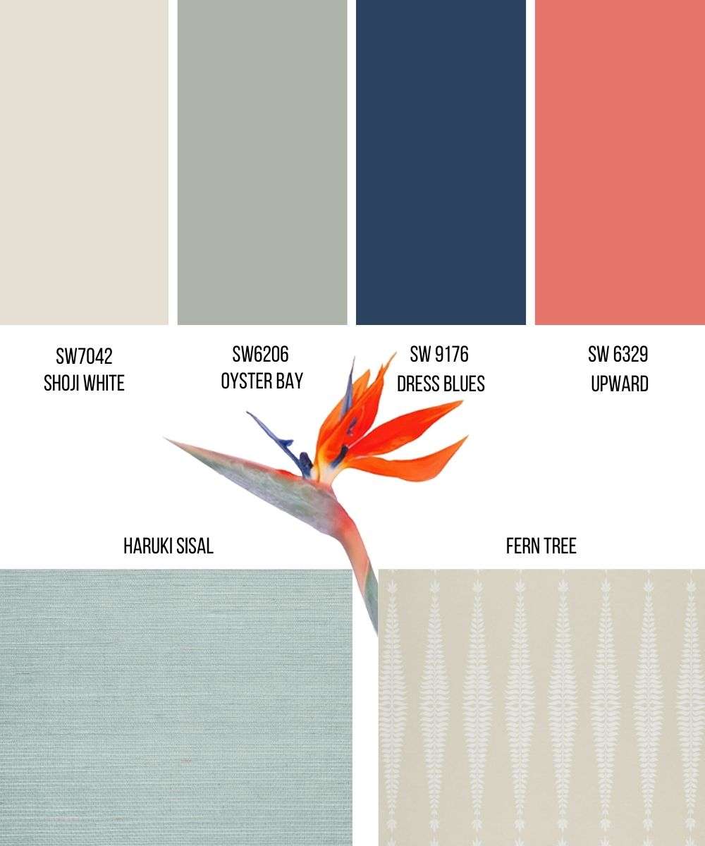 Coastal-Analogous 2 wallpaper swatches, 4 paint swatches and 1 insiration photo of a bird of paradise flower